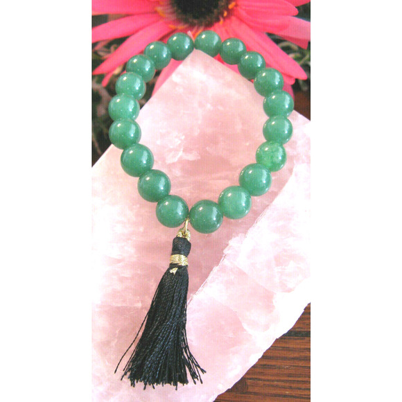 New Natural Green Aventurine Good Luck Beaded Cuff Bracelet w/ Tassel - Picture 4 of 5